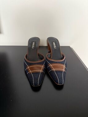 Vaneli Navy Denim and Brown Leather-Trim Mules